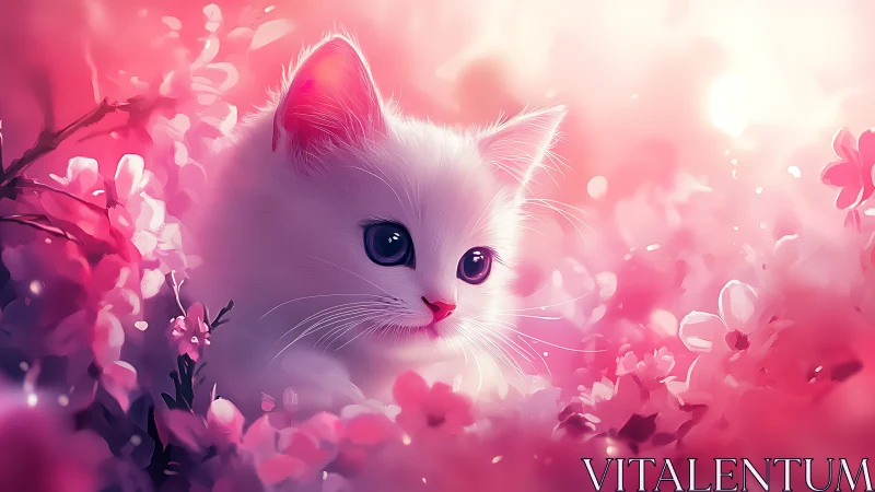 White Cat Among Pink Flowers in Dreamlike Setting.