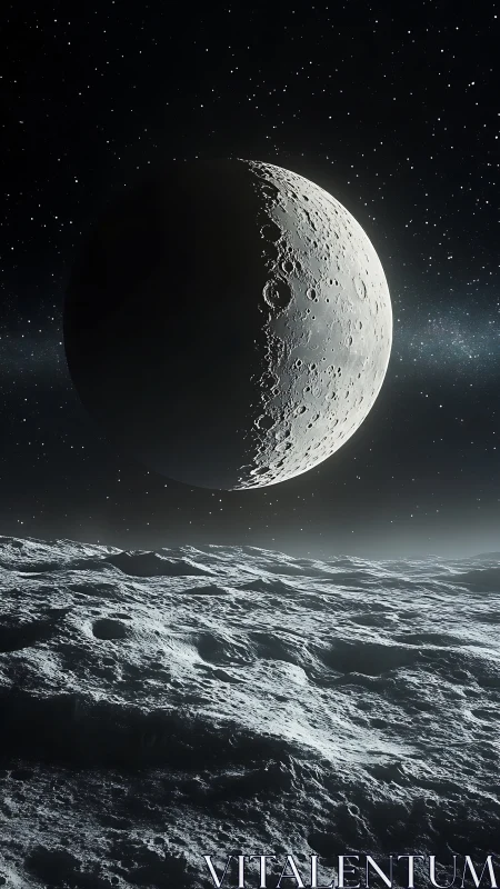 Lunar terminator over cratered regolith in high contrast relief