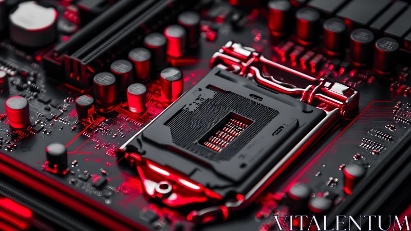 CPU socket on gaming motherboard under red lighting