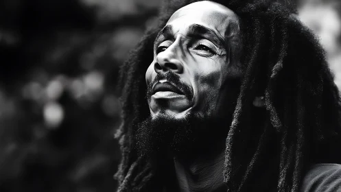 Monochrome dreadlocked portrait with high-contrast sculptural lighting.