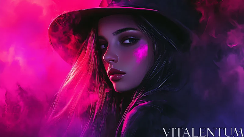 Neon witch in magenta haze watching the midnight city.