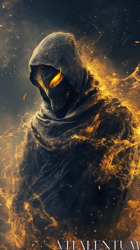 Fiery hooded spectral figure with glowing molten eyes.