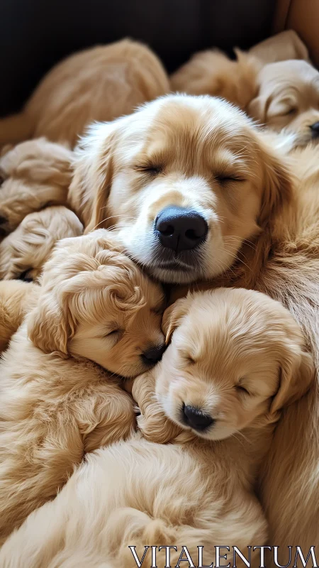 Golden retriever mother cuddles peacefully sleeping puppies