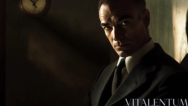 Man in formal suit sits in low side lighting near wall