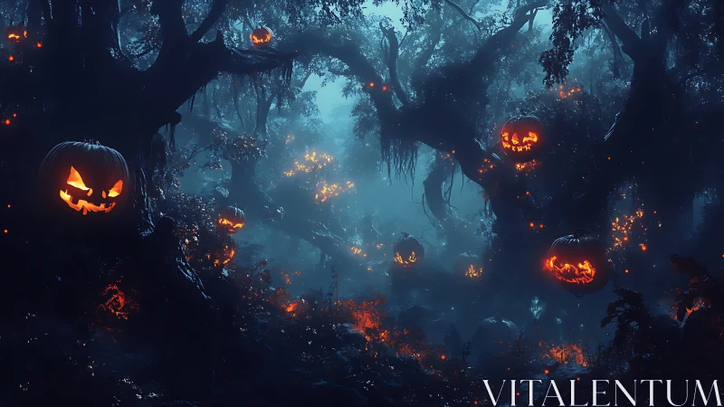 Jack-o&rsquo;-lantern spirits haunting a misty twilight forest.