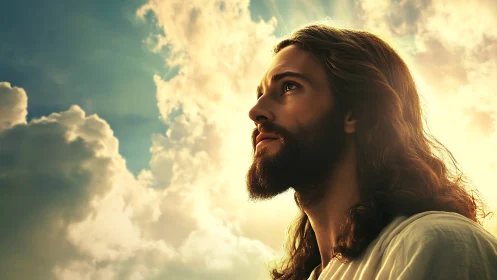 Sunlit gaze lifts a serene prophet toward radiant heavens