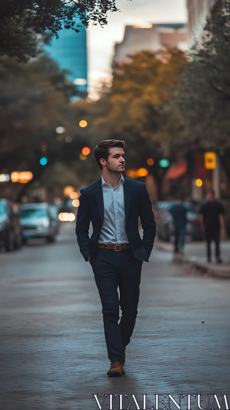 City dusk stroll turns tailored confidence into quiet cinema