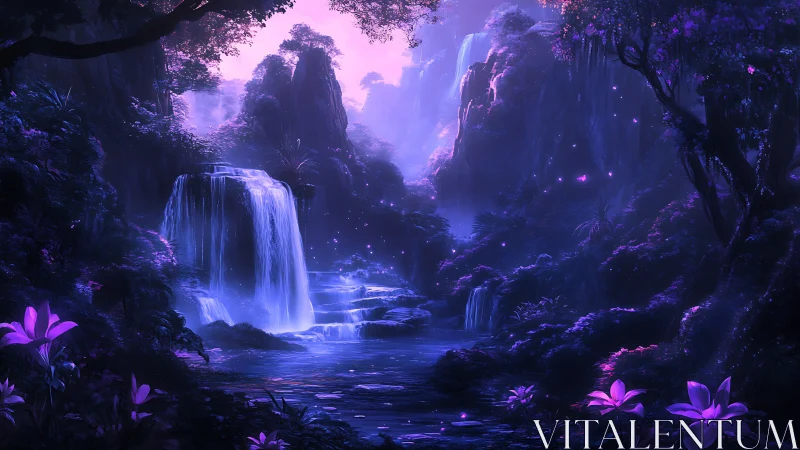 Digital landscape renders layered waterfalls in violet forest