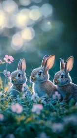Three curious bunnies sharing a dreamy garden sunset moment.