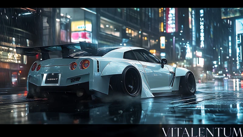 Neon rain crowns a widebody street beast in midnight drift