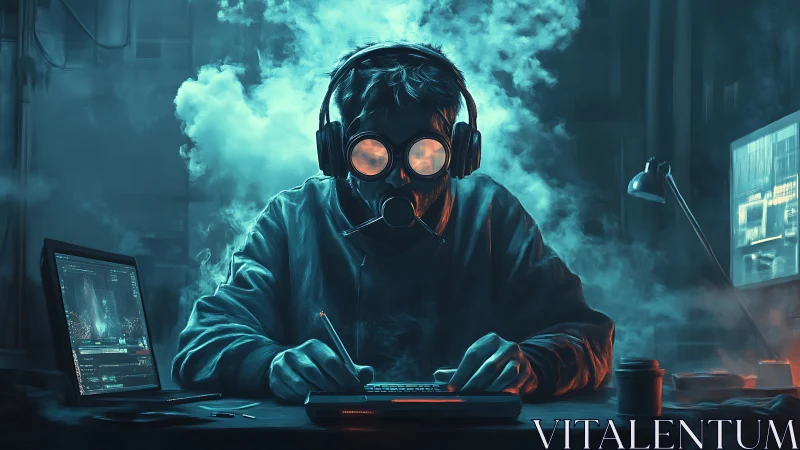 Nocturnal cyber-operator with respirator in vaporous lab.