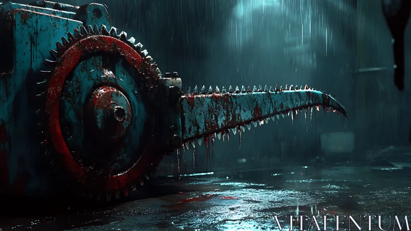 Rain-soaked industrial bone saw mechanism under cold spotlight.