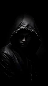 Hooded figure in shadow exudes mystery and dark tension.