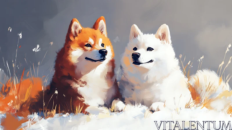 Bimodal canine portrait in stylized winter grassland palette.