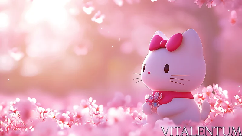 Softly lit chibi cat figurine rendered in pink bokeh sakura field