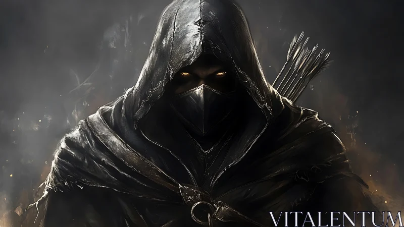 Hooded masked archer with glowing eyes in dark setting.