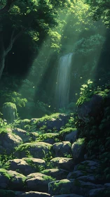 Enchanted Forest Waterfall Illuminated by Ethereal Light.