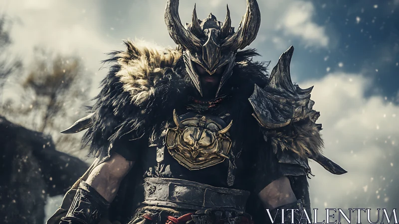 Armored warrior in horned helm under overcast sky.