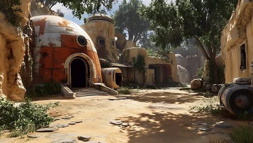 Sunlit desert outpost with cozy domed sci-fi homes.