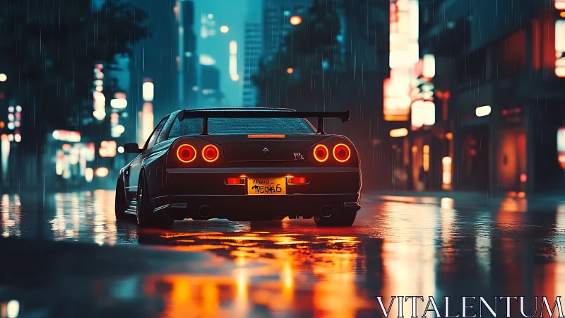 Sports coupe idles under neon rain on slick city street