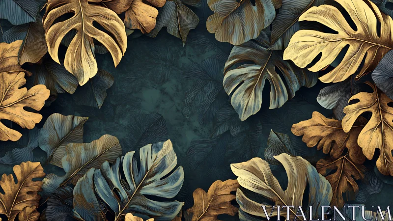 Gilded jungle leaves encircle a twilight emerald hush.