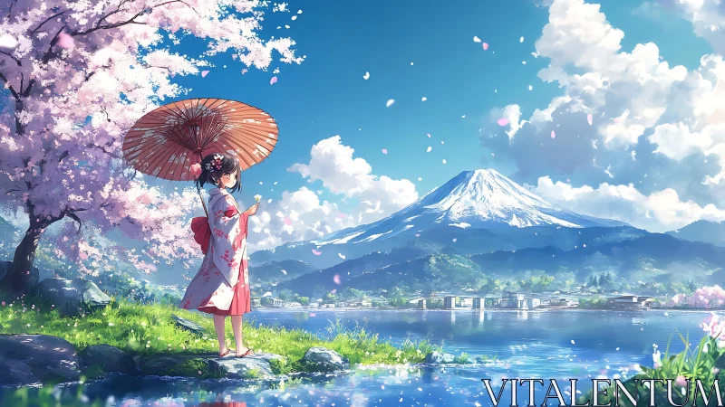 Girl in kimono under parasol by lakeside with Mount Fuji.