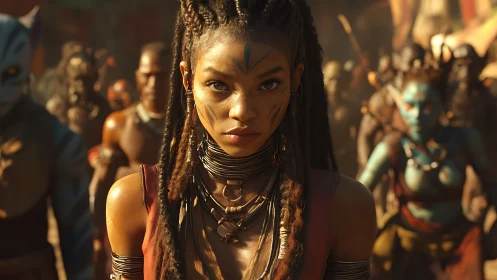 Fierce tribal warrior walks forward with bold steady resolve