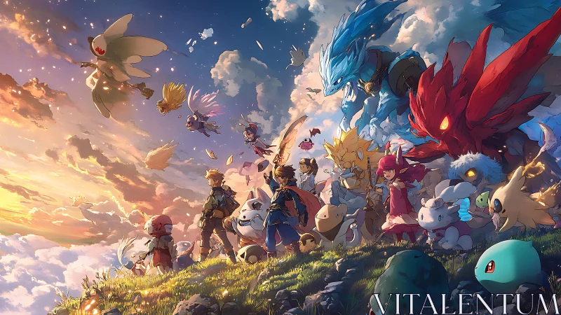 Adventurers and elemental creatures gather on sunlit sky cliff