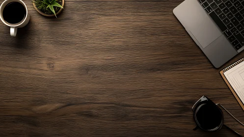 Minimalist workspace flat lay on warm walnut desktop surface.