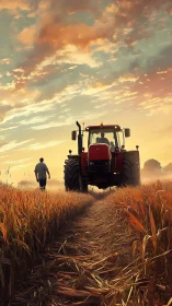 Sunset tractor hums forward as farmer walks the glowing rows