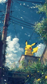 Yellow creature surveys lush rooftop under vivid blue sky.