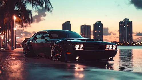 Low-slung black muscle car at dusk beside waterfront skyline
