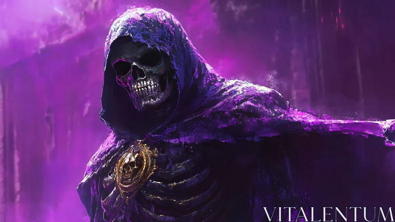 Spectral necromancer skeleton in irradiated violet cloak.