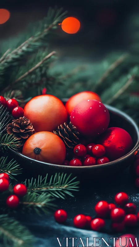 Christmas bowl with red berries, pinecones and baubles.