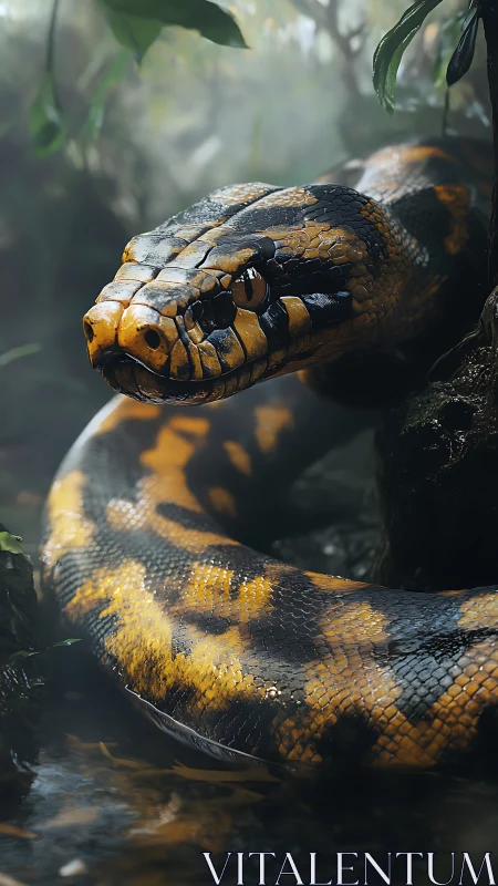 Large yellow-black python coils through misty jungle stream