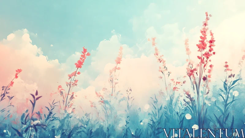 Wildflowers rise against soft pastel clouds and blue sky