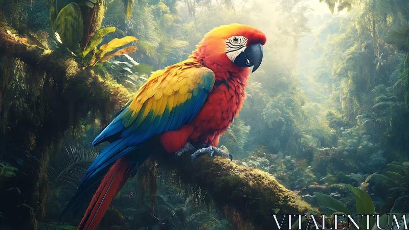 Scarlet macaw on mossy branch in dense rainforest habitat.