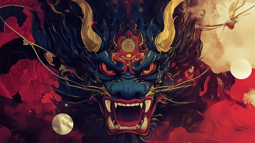 Mythic blue dragon portrait in crimson celestial storm.