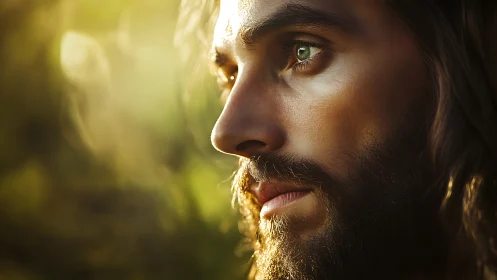 Photorealistic side portrait in warm natural rim lighting.