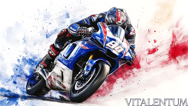 Superbike racer leans into apex with dynamic paint-splatter motion