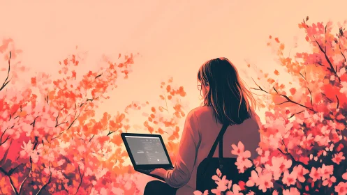 Person with tablet among pink spring blossoms at sunset.