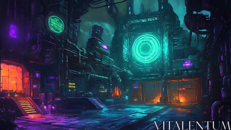 Cyberpunk industrial courtyard with neon-core fa&ccedil;ade design.
