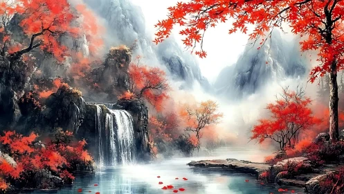 Crimson autumn gorge with cascading waterfall and river mist.