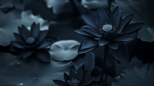 Dark lotus flowers with pale centers floating in moody blue water.