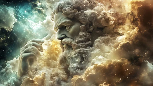 Colossal bearded figure emerging from dense cosmic clouds.