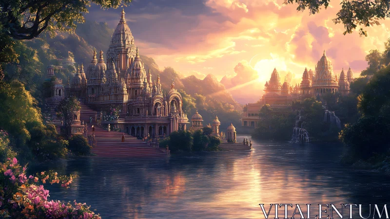 Riverside temple complex under layered sunset clouds.