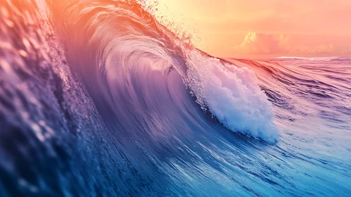 High-amplitude ocean breaker curves under saturated sunset light