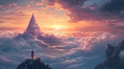 Solitary figure observing distant spire above cloud sea.
