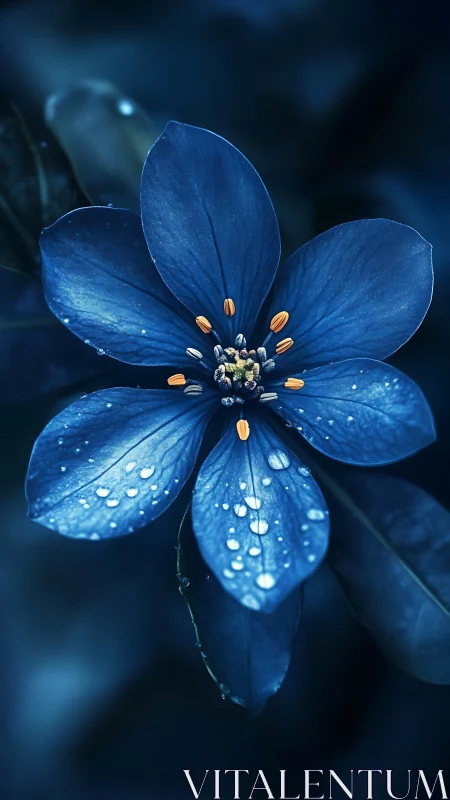 Blue five-petaled flower with dew droplets in cool-toned macro photography