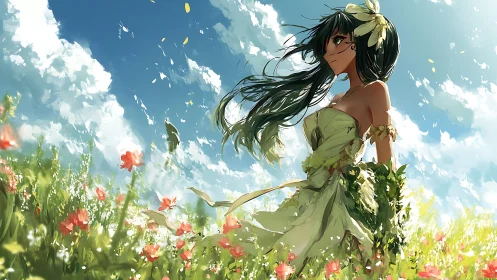 Wind-swept anime girl in floral meadow under dynamic cumulus sky
